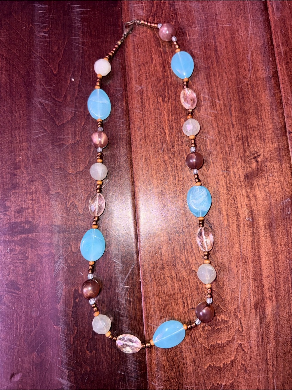 Boho Vintage Beaded Necklace - Turquoise Blue & Amber Glass - Brass Lobster Clas